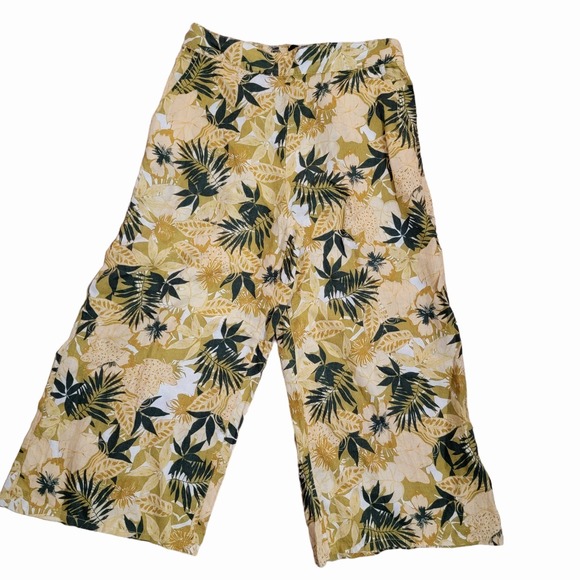 Tahari Women's 100% Linen Tan W Palm Leaves Wide Leg Elastic Waist Pants large - Picture 1 of 4